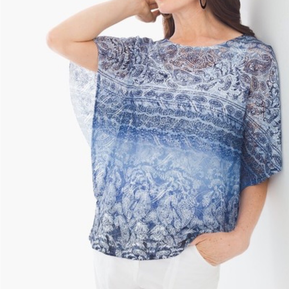 Chico’s Paisley Top Blouse Open Knit Batwing Flutter Sleeve Coastal Boho Size XL